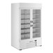 A white two-section glass door merchandiser refrigerator with multiple shelves and stainless steel handles.