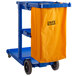 A Lavex blue janitor cart with a yellow bag on it.