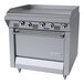 A commercial stainless steel griddle with thermostatic controls and a standard oven, designed for liquid propane use.