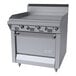 A commercial stainless steel griddle with thermostatic controls and a standard oven, designed for liquid propane use.