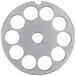 A stainless steel Globe #12 meat grinder plate with eight holes.