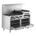 A large stainless steel Garland commercial range with two standard ovens and six burners.