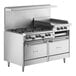 A large commercial stainless steel range with six burners, a 24-inch raised griddle/broiler, and two standard ovens.