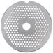 A stainless steel Globe #12 meat grinder plate with circular holes.