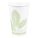 A 12 oz. wax treated printed paper cold cup with a green leaf design from Bare by Solo.