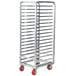 A Channel metal sheet pan rack with wheels.