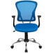 A Flash Furniture blue mesh office chair with arms and a chrome base.