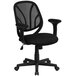 A black office chair with a mesh back and arms.