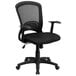 A Flash Furniture black mesh office chair with arms.
