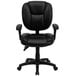 A black Flash Furniture office chair with arms and wheels and a black leather seat.
