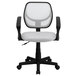 A white office chair with black wheels and arms.