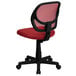 A red office chair with black wheels.