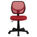 A red office chair with black wheels and a black swivel base.