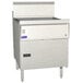 A large white Pitco floor fryer with a lid.