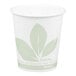 A small white paper cold cup with a green leaf design and eco-friendly branding.