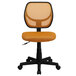 An orange Flash Furniture mid-back office chair with mesh back and black swivel base.
