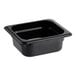 A black square Cambro food pan with a lid.