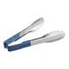 Two Vollrath stainless steel tongs with blue Kool-Touch handles.