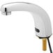 A silver Equip by T&S deck mounted sensor faucet with a black cord.