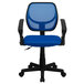 A blue and black Flash Furniture office chair with mesh back and polyurethane arms.
