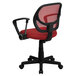A red office chair with black swivel base and arms.