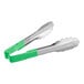 A pair of Vollrath stainless steel tongs with green coated handles.