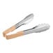Two Vollrath stainless steel tongs with tan Kool-Touch handles.