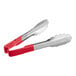 Two Vollrath stainless steel tongs with red Kool-Touch handles.