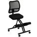 A black Flash Furniture office stool with wheels and a black curved mesh backrest.