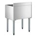 An 18 by 24 inch stainless steel underbar ice bin with bottle holders and four legs.