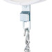 A white metal hanging scale with a double dial and chain.