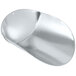 A silver metal bucket with a hole hanging from a metal stand.