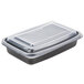 A Genpak black plastic rectangular microwaveable container with a lid.