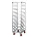 A Channel heavy-duty aluminum sheet pan rack with wheels.