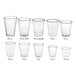 A row of Choice translucent thin wall plastic cups with a clear plastic cup on the end.