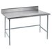 A metal Advance Tabco work table with an open rectangular base and a long rectangular top.