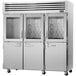 A Turbo Air Premiere Pro Series three section reach-in refrigerator with two solid and two glass half doors.