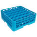 A blue plastic Carlisle glass rack with holes.