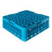 A blue plastic glass rack with 36 compartments and two extenders.