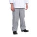 A person wearing a white chef coat and grey Houndstooth baggy cook pants.