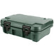 A granite green plastic box with black handles.