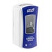 A white and blue Purell LTX waterless surgical scrub dispenser with a clear window.