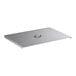 A silver rectangular stainless steel cover with a handle.
