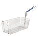 A stainless steel Pitco twin fryer basket with a blue handle.