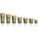 A row of EcoChoice paper hot cups with a tree print.
