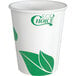 A white EcoChoice paper hot cup with green leaf print.