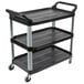 A black Rubbermaid three shelf utility cart.