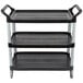 A black Rubbermaid three shelf utility cart.