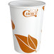 A white EcoChoice paper hot cup with orange leaf print.