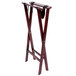 An American Metalcraft mahogany wood tray stand with straps.